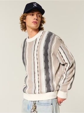Hollister Bohemian Mixed Pattern Beige, Gray & White Striped Crewneck Sweater